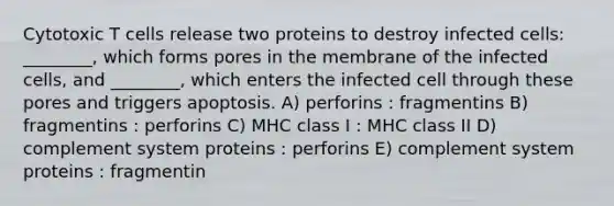 Cytotoxic T cells release two proteins to destroy infected cells: ________, which forms pores in the membrane of the infected cells, and ________, which enters the infected cell through these pores and triggers apoptosis. A) perforins : fragmentins B) fragmentins : perforins C) MHC class I : MHC class II D) complement system proteins : perforins E) complement system proteins : fragmentin