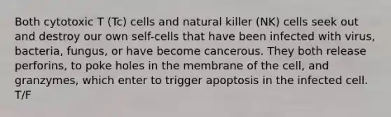 Both cytotoxic T (Tc) cells and natural killer (NK) cells seek out and destroy our own self-cells that have been infected with virus, bacteria, fungus, or have become cancerous. They both release perforins, to poke holes in the membrane of the cell, and granzymes, which enter to trigger apoptosis in the infected cell. T/F