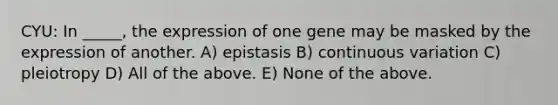 CYU: In _____, the expression of one gene may be masked by the expression of another. A) epistasis B) continuous variation C) pleiotropy D) All of the above. E) None of the above.