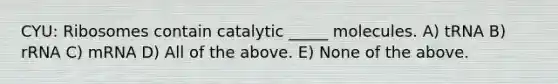 CYU: Ribosomes contain catalytic _____ molecules. A) tRNA B) rRNA C) mRNA D) All of the above. E) None of the above.