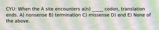 CYU: When the A site encounters a(n) _____ codon, translation ends. A) nonsense B) termination C) missense D) end E) None of the above.