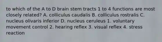 to which of the A to D brain stem tracts 1 to 4 functions are most closely related? A. colliculus caudalis B. colliculus rostralis C. nucleus olivaris inferior D. nucleus ceruleus 1. voluntary movement control 2. hearing reflex 3. visual reflex 4. stress reaction