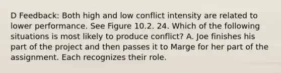 D Feedback: Both high and low conflict intensity are related to lower performance. See Figure 10.2. 24. Which of the following situations is most likely to produce conflict? A. Joe finishes his part of the project and then passes it to Marge for her part of the assignment. Each recognizes their role.