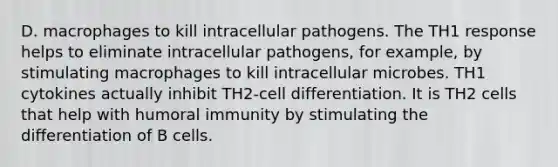 D. macrophages to kill intracellular pathogens. The TH1 response helps to eliminate intracellular pathogens, for example, by stimulating macrophages to kill intracellular microbes. TH1 cytokines actually inhibit TH2-cell differentiation. It is TH2 cells that help with humoral immunity by stimulating the differentiation of B cells.