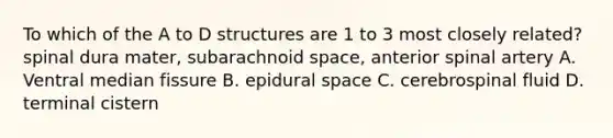 To which of the A to D structures are 1 to 3 most closely related? spinal dura mater, subarachnoid space, anterior spinal artery A. Ventral median fissure B. epidural space C. cerebrospinal fluid D. terminal cistern