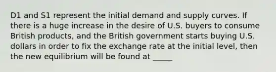 D1 and S1 represent the initial demand and supply curves. If there is a huge increase in the desire of U.S. buyers to consume British products, and the British government starts buying U.S. dollars in order to fix the exchange rate at the initial level, then the new equilibrium will be found at _____