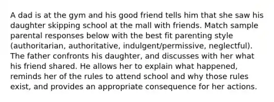 A dad is at the gym and his good friend tells him that she saw his daughter skipping school at the mall with friends. Match sample parental responses below with the best fit parenting style (authoritarian, authoritative, indulgent/permissive, neglectful). The father confronts his daughter, and discusses with her what his friend shared. He allows her to explain what happened, reminds her of the rules to attend school and why those rules exist, and provides an appropriate consequence for her actions.