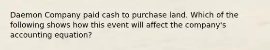 Daemon Company paid cash to purchase land. Which of the following shows how this event will affect the company's accounting equation?