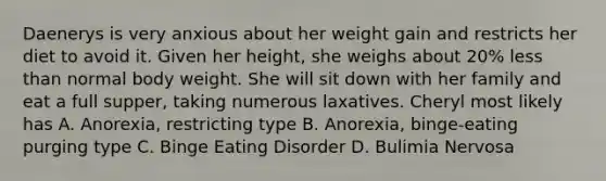 Daenerys is very anxious about her weight gain and restricts her diet to avoid it. Given her height, she weighs about 20% less than normal body weight. She will sit down with her family and eat a full supper, taking numerous laxatives. Cheryl most likely has A. Anorexia, restricting type B. Anorexia, binge-eating purging type C. Binge Eating Disorder D. Bulimia Nervosa