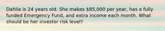 Dahlia is 24 years old. She makes 85,000 per year, has a fully funded Emergency Fund, and extra income each month. What should be her investor risk level?