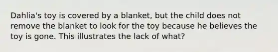 Dahlia's toy is covered by a blanket, but the child does not remove the blanket to look for the toy because he believes the toy is gone. This illustrates the lack of what?