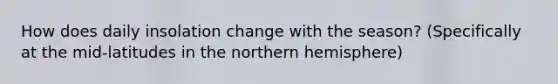 How does daily insolation change with the season? (Specifically at the mid-latitudes in the northern hemisphere)