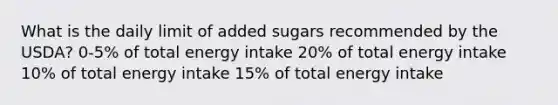 What is the daily limit of added sugars recommended by the USDA? 0-5% of total energy intake 20% of total energy intake 10% of total energy intake 15% of total energy intake