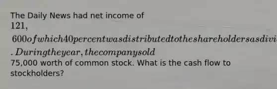 The Daily News had net income of 121,600 of which 40 percent was distributed to the shareholders as dividends. During the year, the company sold75,000 worth of common stock. What is the cash flow to stockholders?