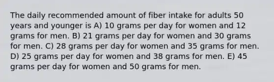 The daily recommended amount of fiber intake for adults 50 years and younger is A) 10 grams per day for women and 12 grams for men. B) 21 grams per day for women and 30 grams for men. C) 28 grams per day for women and 35 grams for men. D) 25 grams per day for women and 38 grams for men. E) 45 grams per day for women and 50 grams for men.