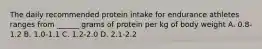 The daily recommended protein intake for endurance athletes ranges from ______ grams of protein per kg of body weight A. 0.8-1.2 B. 1.0-1.1 C. 1.2-2.0 D. 2.1-2.2