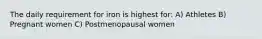 The daily requirement for iron is highest for: A) Athletes B) Pregnant women C) Postmenopausal women