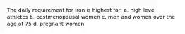 The daily requirement for iron is highest for: a. high level athletes b. postmenopausal women c. men and women over the age of 75 d. pregnant women
