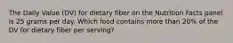 The Daily Value (DV) for dietary fiber on the Nutrition Facts panel is 25 grams per day. Which food contains more than 20% of the DV for dietary fiber per serving?