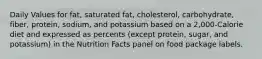 Daily Values for fat, saturated fat, cholesterol, carbohydrate, fiber, protein, sodium, and potassium based on a 2,000-Calorie diet and expressed as percents (except protein, sugar, and potassium) in the Nutrition Facts panel on food package labels.