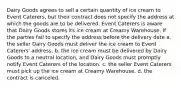 Dairy Goods agrees to sell a certain quantity of ice cream to Event Caterers, but their contract does not specify the address at which the goods are to be delivered. Event Caterers is aware that Dairy Goods stores its ice cream at Creamy Warehouse. If the parties fail to specify the address before the delivery date a. ​the seller Dairy Goods must deliver the ice cream to Event Caterers' address. b. ​the ice cream must be delivered by Dairy Goods to a neutral location, and Dairy Goods must promptly notify Event Caterers of the location. c. ​the seller Event Caterers must pick up the ice cream at Creamy Warehouse. d. the contract is canceled.