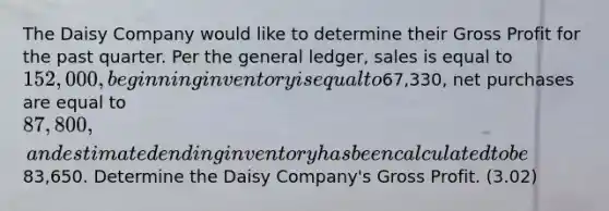 The Daisy Company would like to determine their Gross Profit for the past quarter. Per the general ledger, sales is equal to 152,000, beginning inventory is equal to67,330, net purchases are equal to 87,800, and estimated ending inventory has been calculated to be83,650. Determine the Daisy Company's Gross Profit. (3.02)