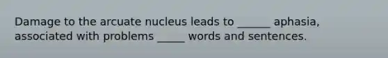 Damage to the arcuate nucleus leads to ______ aphasia, associated with problems _____ words and sentences.