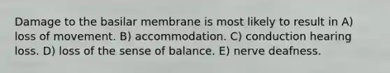 Damage to the basilar membrane is most likely to result in A) loss of movement. B) accommodation. C) conduction hearing loss. D) loss of the sense of balance. E) nerve deafness.