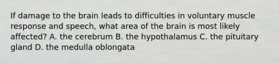 If damage to the brain leads to difficulties in voluntary muscle response and speech, what area of the brain is most likely affected? A. the cerebrum B. the hypothalamus C. the pituitary gland D. the medulla oblongata