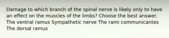 Damage to which branch of the spinal nerve is likely only to have an effect on the muscles of the limbs? Choose the best answer. The ventral ramus Sympathetic nerve The rami communicantes The dorsal ramus