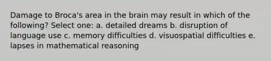 Damage to Broca's area in the brain may result in which of the following? Select one: a. detailed dreams b. disruption of language use c. memory difficulties d. visuospatial difficulties e. lapses in mathematical reasoning