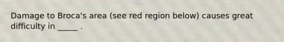 Damage to Broca's area (see red region below) causes great difficulty in _____ .