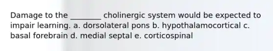 Damage to the ________ cholinergic system would be expected to impair learning. a. dorsolateral pons b. hypothalamocortical c. basal forebrain d. medial septal e. corticospinal