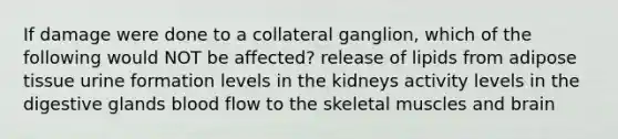 If damage were done to a collateral ganglion, which of the following would NOT be affected? release of lipids from adipose tissue urine formation levels in the kidneys activity levels in the digestive glands blood flow to the skeletal muscles and brain