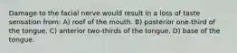 Damage to the facial nerve would result in a loss of taste sensation from: A) roof of the mouth. B) posterior one-third of the tongue. C) anterior two-thirds of the tongue. D) base of the tongue.