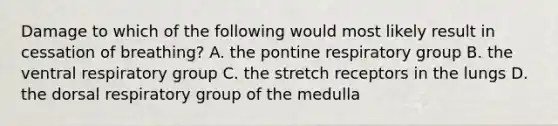 Damage to which of the following would most likely result in cessation of breathing? A. the pontine respiratory group B. the ventral respiratory group C. the stretch receptors in the lungs D. the dorsal respiratory group of the medulla