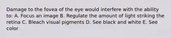 Damage to the fovea of the eye would interfere with the ability to: A. Focus an image B. Regulate the amount of light striking the retina C. Bleach visual pigments D. See black and white E. See color