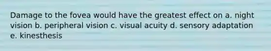 Damage to the fovea would have the greatest effect on a. night vision b. peripheral vision c. visual acuity d. sensory adaptation e. kinesthesis