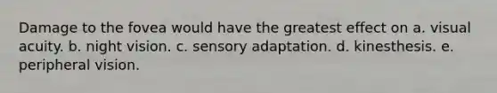 Damage to the fovea would have the greatest effect on a. visual acuity. b. night vision. c. sensory adaptation. d. kinesthesis. e. peripheral vision.