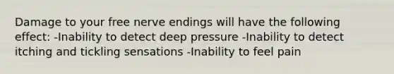 Damage to your free nerve endings will have the following effect: -Inability to detect deep pressure -Inability to detect itching and tickling sensations -Inability to feel pain