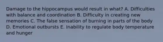 Damage to the hippocampus would result in what? A. Difficulties with balance and coordination B. Difficulty in creating new memories C. The false sensation of burning in parts of the body D. Emotional outbursts E. Inability to regulate body temperature and hunger