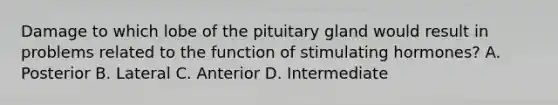 Damage to which lobe of the pituitary gland would result in problems related to the function of stimulating hormones? A. Posterior B. Lateral C. Anterior D. Intermediate