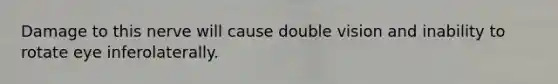 Damage to this nerve will cause double vision and inability to rotate eye inferolaterally.