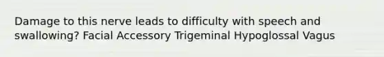 Damage to this nerve leads to difficulty with speech and swallowing? Facial Accessory Trigeminal Hypoglossal Vagus