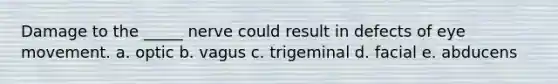 Damage to the _____ nerve could result in defects of eye movement. a. optic b. vagus c. trigeminal d. facial e. abducens