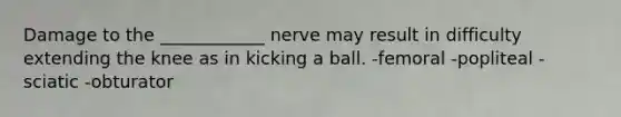 Damage to the ____________ nerve may result in difficulty extending the knee as in kicking a ball. -femoral -popliteal -sciatic -obturator