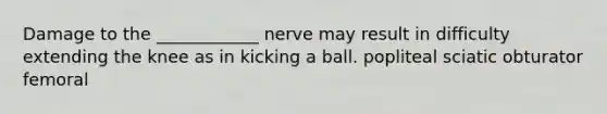 Damage to the ____________ nerve may result in difficulty extending the knee as in kicking a ball. popliteal sciatic obturator femoral