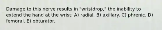 Damage to this nerve results in "wristdrop," the inability to extend the hand at the wrist: A) radial. B) axillary. C) phrenic. D) femoral. E) obturator.