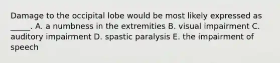 Damage to the occipital lobe would be most likely expressed as _____. A. a numbness in the extremities B. visual impairment C. auditory impairment D. spastic paralysis E. the impairment of speech