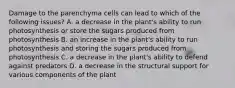 Damage to the parenchyma cells can lead to which of the following issues? A. a decrease in the plant's ability to run photosynthesis or store the sugars produced from photosynthesis B. an increase in the plant's ability to run photosynthesis and storing the sugars produced from photosynthesis C. a decrease in the plant's ability to defend against predators D. a decrease in the structural support for various components of the plant